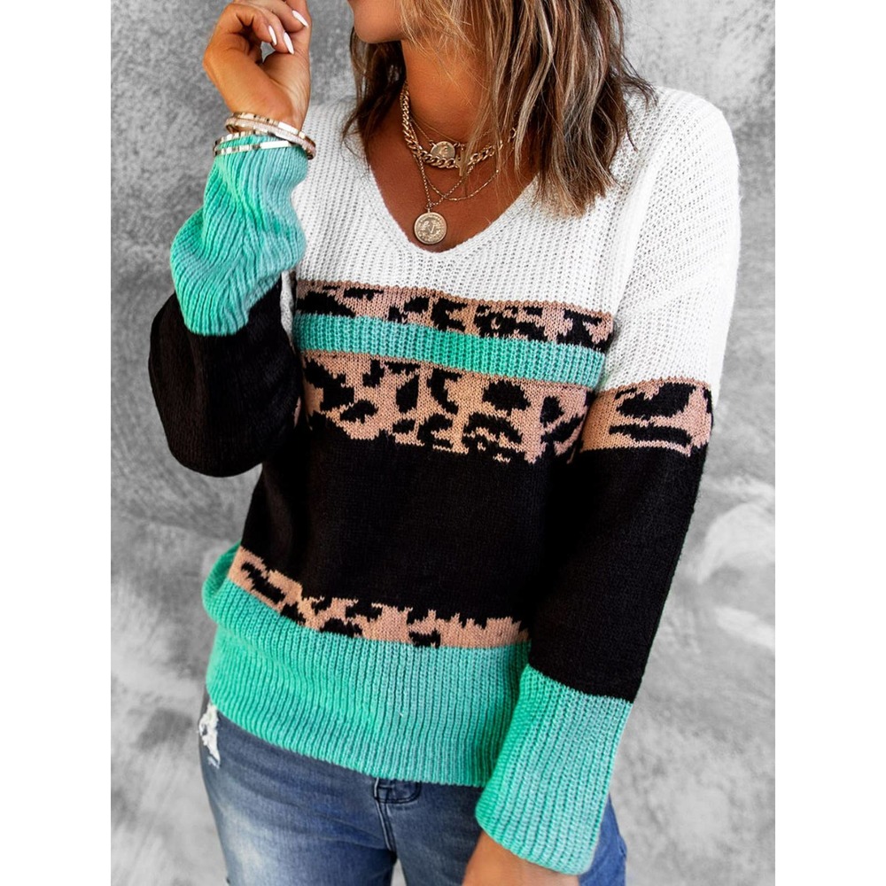 Leopard Color Block V-Neck Rib-Knit Sweater - Picture 3 of 3